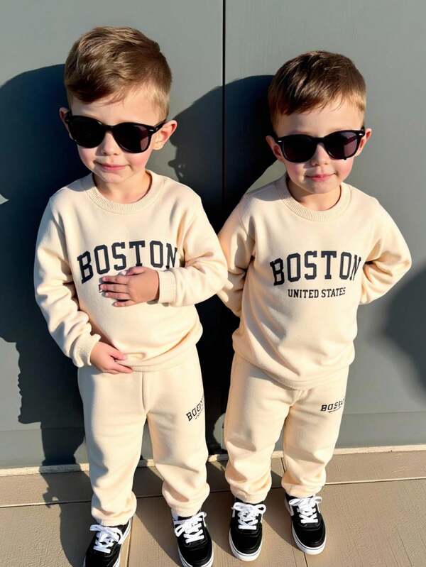 SHEIN 2pcs Baby Boy Letter Print Crew Neck Long Sleeve Hoodie And Elastic Waist Ankle Length Pants Tracksuit Set Winter Clothes