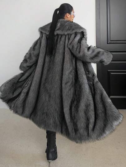 POPSWAY 플러스플러스 사이즈 인조 모피 칼라 긴소매 모피 코트