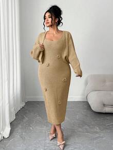 Elenzga Plus Size Solid Color Elegant Knitted Floral Dress With Batwing Cardigan Sweater Set - Khaki - View 4