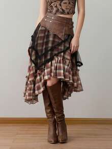 ROMWE Grunge Punk Romantic Punk Brown PU Patchwork Plaid Mesh Multi-Layer Buckle Women Skirt - Brown - View 1