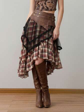 Grunge Punk Romantic Punk Brown PU Patchwork Plaid Mesh Multi-Layer Buckle Women Skirt