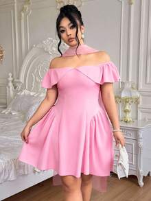 Roveilla 大码女士优雅浪漫露肩迷你连衣裙，配腰带，短款荷叶边圣诞连衣裙，修身腰部连衣裙，性感红色连衣裙，生日连衣裙，浪漫连衣裙 - 粉色 - 查看 5