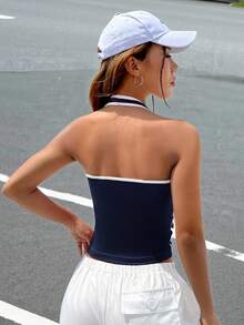 SHEIN EZwear Women's Knitted Digital Printed Halter Neck Tank Top For Summer - Navy Blue - View 2