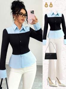 Elenzga 女针织高弹面料拼接梭织衬衫领插肩长袖撞色拼接收腰修身休闲通勤优雅套头衫，秋季 - 彩色 - 查看 4