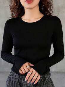 FRIFUL Women's Solid Color Round Neck Long Sleeve Casual Fleece T-Shirt - Black - View 2