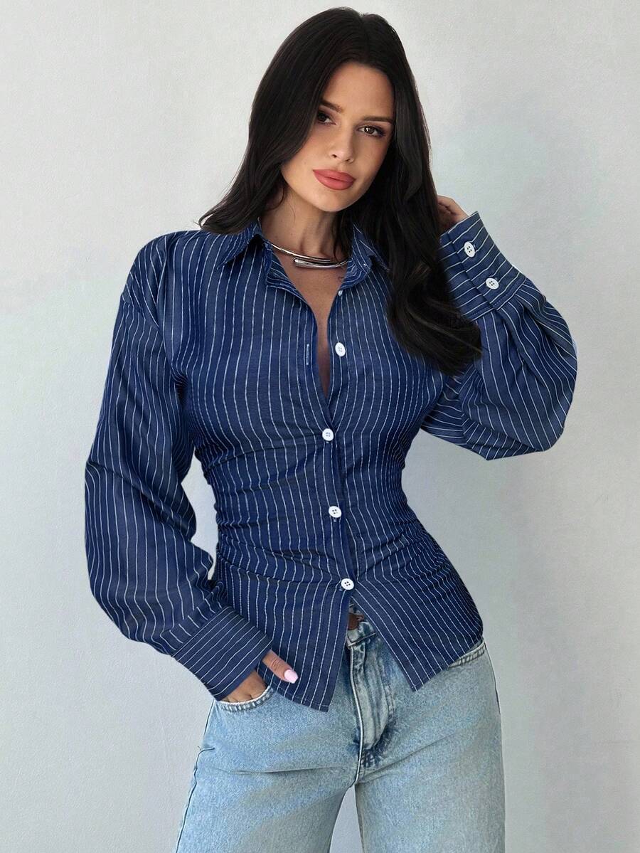 Firerie Women's Blue & White Striped Long Sleeve Shirt, Tie-Waist Blouse, Casual Commuter Shirt, Vacation Shirt, Cinched Waist Striped Shirt, Suitable For Spring, Summer, Autumn, Winter, Elegant, Vacation, Bohemian, Work Attire Buisness Casual Women Shirts Office Shirts For Women Blue Striped Shirt - Navy Blue - View 1