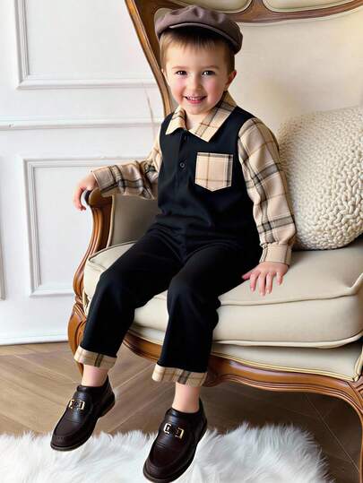 PrepCrw Young Boys' Preppy Style Color Block Plaid Print Shirt & Pants 2 Pieces Set