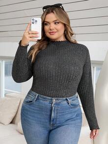 SHEIN CURVE+ 大码女式黑色高领长袖T恤，秋季基础款上衣 - 深灰色 - 查看 7