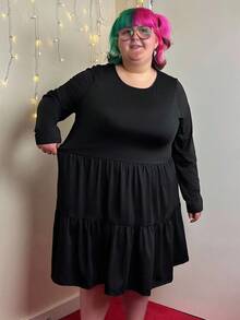 Enliva Große Größen Apfel-förmiges Damen Schwarz Langarm Locker Große Größen T-Shirt Kleid Herbst Kleidung für Damen, Winter, CURVE PLUS