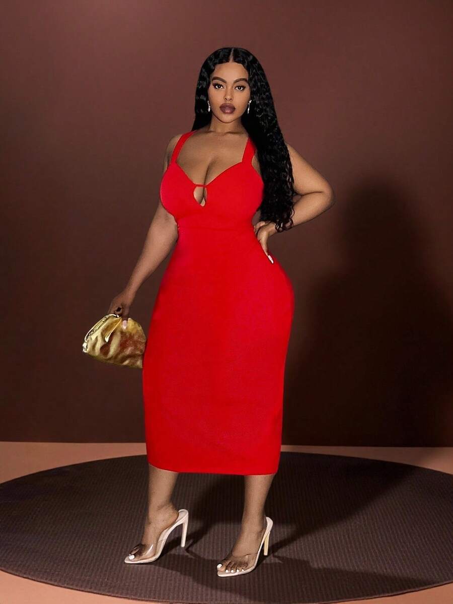 Veslaya Red Summer Elegant Satin Party Midi Dress,Bohemian Backless Bowknot Decor Bodycon Maxi Dress,Vintage Open Back Cocktail Outing Holiday Club Dress - Red - View 1