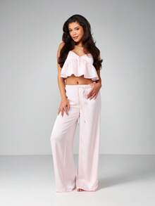 MISSGUIDED Cute Cami Ruffle Two Piece Pajama Set With Wide Leg Palazzo Pants And Off Shoulder Sweetheart Neckline For Sleep Lounge - Baby Pink - View 1