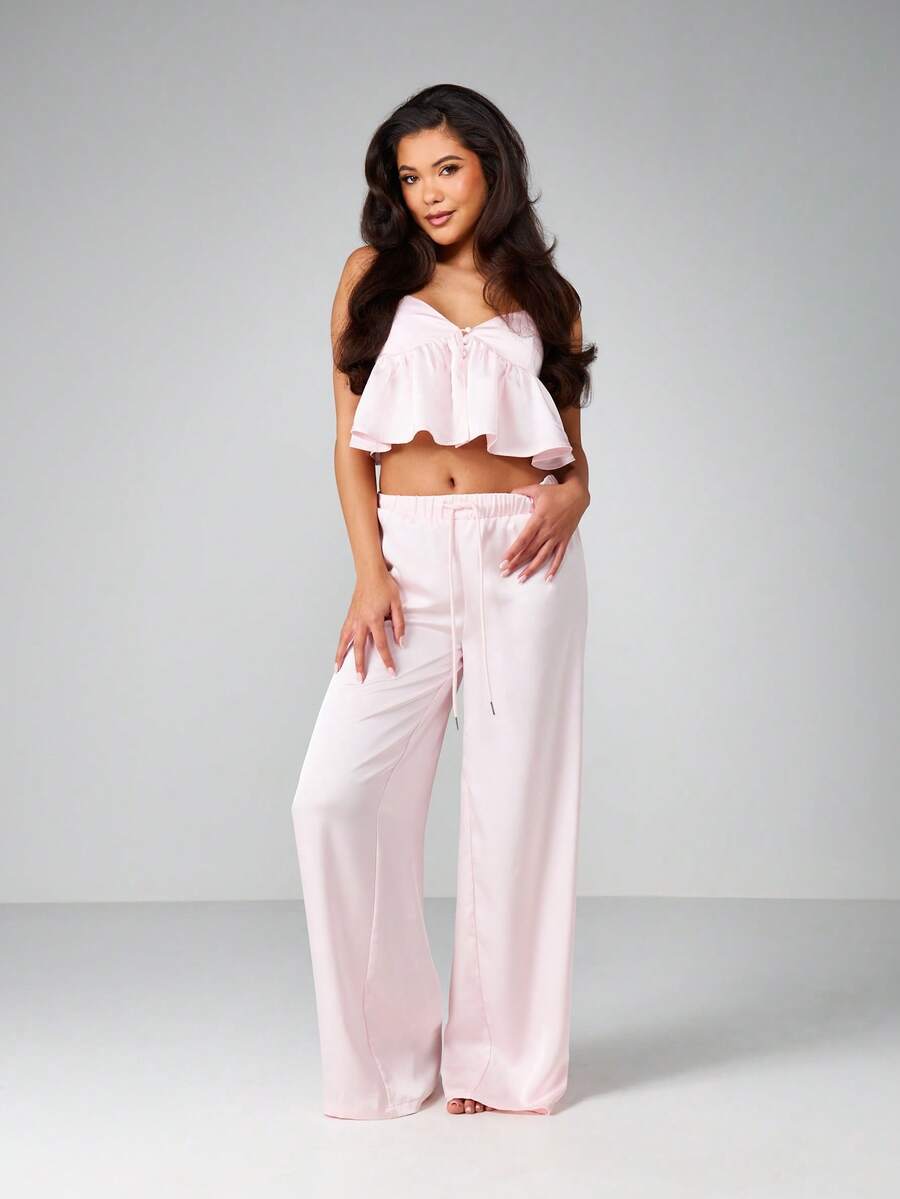 MISSGUIDED Cute Cami Ruffle Two Piece Pajama Set With Wide Leg Palazzo Pants And Off Shoulder Sweetheart Neckline For Sleep Lounge - Baby Pink - View 1