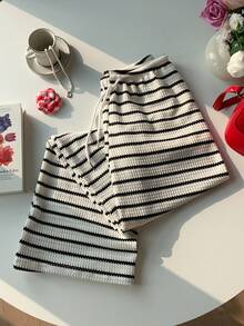 Comfortcana 女士休闲百搭撞色条纹抽绳腰带运动裤 - 黑與白 - 查看 3