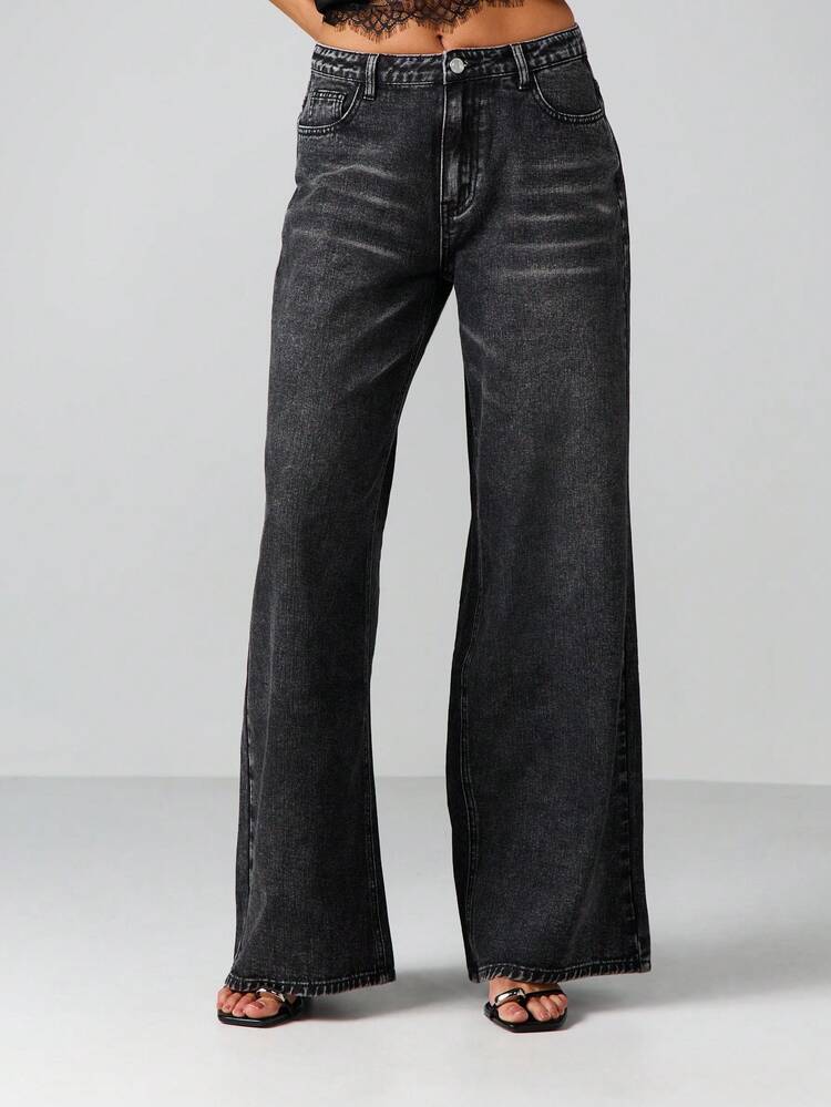 MISSGUIDED Jeans a vita alta a gamba ampia lavati, stile palazzo in denim vintage, pantaloni lunghi per l'autunno e l'inverno