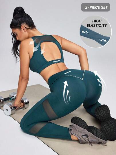 Innovista Conjunto de ropa deportiva para mujer con diseño de malla y corte hueco, chaleco y mallas. Conjunto deportivo esencial de color azul-verde con alta elasticidad y espalda de malla transpirable (almohadillas extraíbles) + mallas levantadoras de glúteos con paneles de malla. Diseño minimalista sofisticado para yoga, ciclismo, bicicleta, HIIT, running, cardio, CrossFit y entrenamiento al aire libre. Ropa deportiva multifuncional para la oficina al gimnasio, brunch al entrenamiento. Estética de chica limpia y chica suave, calidad premium, duradera, amigable para mamás que trabajan. Colección activa de otoño, lista para festivales, conjuntos de gimnasio latinos y europeos, estilo viral de GymTok.