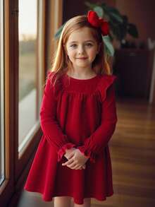 Emery Rose Kids 少女纯色针织柔软圆领荷叶边收腰长袖连衣裙，天鹅绒材质，A字裙摆，优雅长袖蛋糕裙，适合生日派对、度假、秋冬季休闲日常穿着及上学，也适合圣诞节、母女装、姐妹装等场合。 - 紅色 - 查看 10