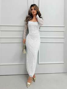Jemour Đầm Maxi Đen Ôm Hông Cổ Vuông Ren Hình Chữ S Gợi Cảm Cho Nữ, Tay Dài, Cúp Ngực, Cổ Xương Cá, Dự Tiệc Mùa Hè Mới - trắng - Xem 4