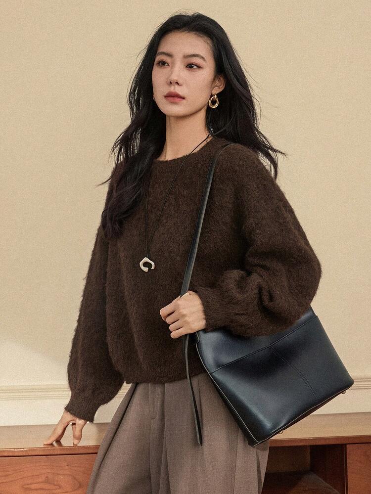 Women's Casual Everyday Commute Simple Solid Color Dropped Shoulder Loose Fluffy Knit Sweater, Autumn/Winter
