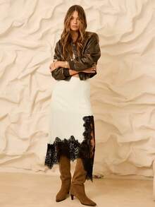 Aralina 女士休闲撞色蕾丝开衩半身裙，秋季 - 米色 - 查看 5