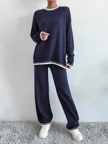 SHEIN LUNE 2pcs Women Casual Contrast Color Ribbed Hem Split Sweater And Pants Set, Autumn/Winter - Multicolor - View 3