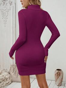 SHEIN Clasi 新款欧美风格休闲时尚舒适合身针织女式套头毛衣裙，厚实保暖内衬，秋冬 - 紫色 - 查看 2
