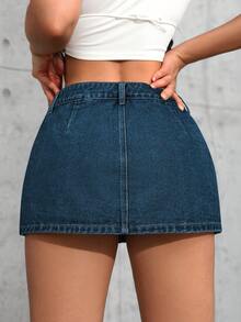 SHEIN Tall Women's Casual Daily Commute Versatile Low-Waist Denim Skort, Summer - Dark Wash - View 2