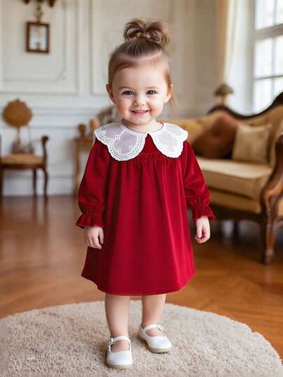 SHEIN 女婴复古勃艮第天鹅绒刺绣花领公主裙，时尚优雅，适合与朋友聚会、日常外出，是送给小宝贝的贴心礼物