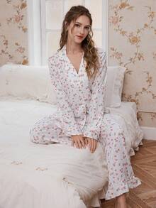 Romantisches Blumen INS bequemes Baumwoll-Webstoff Knopfleiste Loose Damen Pyjama Set, Frühling/Herbst - Verschiedenfarbig - Übersicht 3