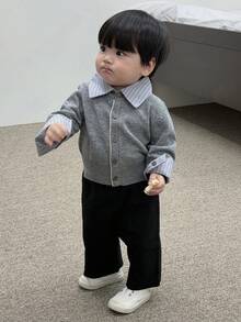 DAZY Toddler Boys' Striped Patchwork Long Sleeve Cardigan, Autumn/Winter - Grey - View 1