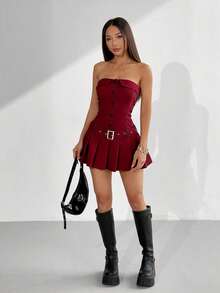 SHEIN EZwear 女士酒红色无肩带极简抹胸连衣裙，适合夏季穿着 - 酒紅色 - 查看 6