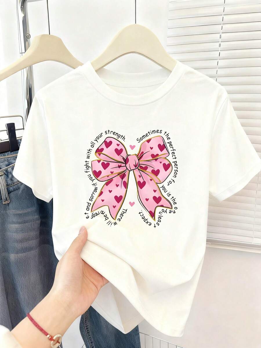 Resyla Y2K 爱心蝴蝶结装饰宽松圆领女款T恤 - 白色 - 查看 1