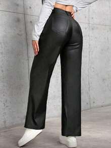 Pantalón vinipiel ajustado de cadera pierna ancha piel sintética otoño invierno comodo dama moda casuales - Negro - Ver 3