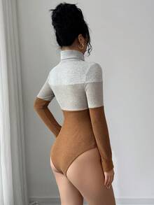 Elenzga 女式高领拼接长袖紧身衣，修身，撞色，秋冬 - 彩色 - 查看 2