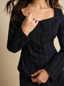 Poéselle 女士优雅通勤条纹外套和裙子套装 - 藏蓝色 - 查看 7