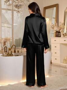 LuxeNights 女士新款秋冬长袖长裤仿丝睡衣套装 - 黑色 - 查看 3