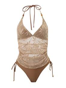 Swim Chiccia Elegant Women's Brown Halter Tankini Top With Plants Pattern And Matching Tie Side Bottoms - Brown - View 12