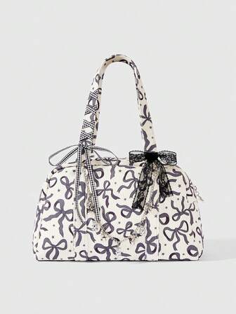Kawaii Borsa a tracolla in velluto rosa con fiocco, borsa da donna con stampa a fiocco e cuore, borsa con fiocco carina per donna, perfettamente abbinabile ai look autunnali da donna