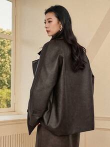 Dazy-Less Áo khoác nữ cổ ve lật dáng vintage, áo khoác da mùa thu, áo khoác công sở thường ngày. - màu nâu - Xem 2