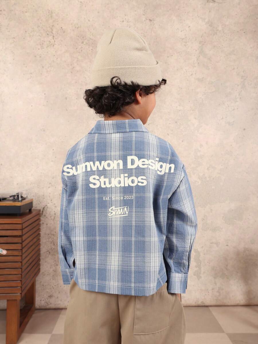 SUMWON Boys Plaid Button Down Shirt Long Sleeve Collared Classic Check Pattern School Casual Cotton Blend Regular Fit Spring Fall Everyday Wear - Blue - View 1