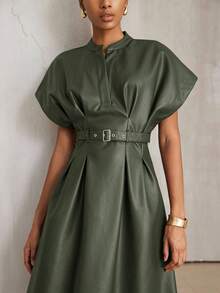 Aveloria Modichic PU Material, Commuter Design Sense, Waist Belt Decor Fashionable V-Neck Pleated Batwing Sleeve Versatile Long Dress - Army Green - View 2