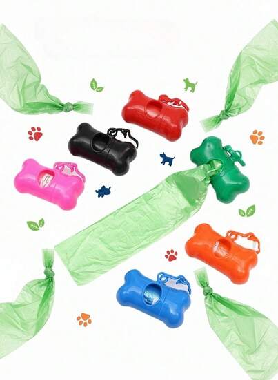 PETSIN Pet Garbage Bag Storage (Solid Color Bone Shape) And 5 Packs Disposable Feces Bag Dog Excrement Collection Bag Dispenser