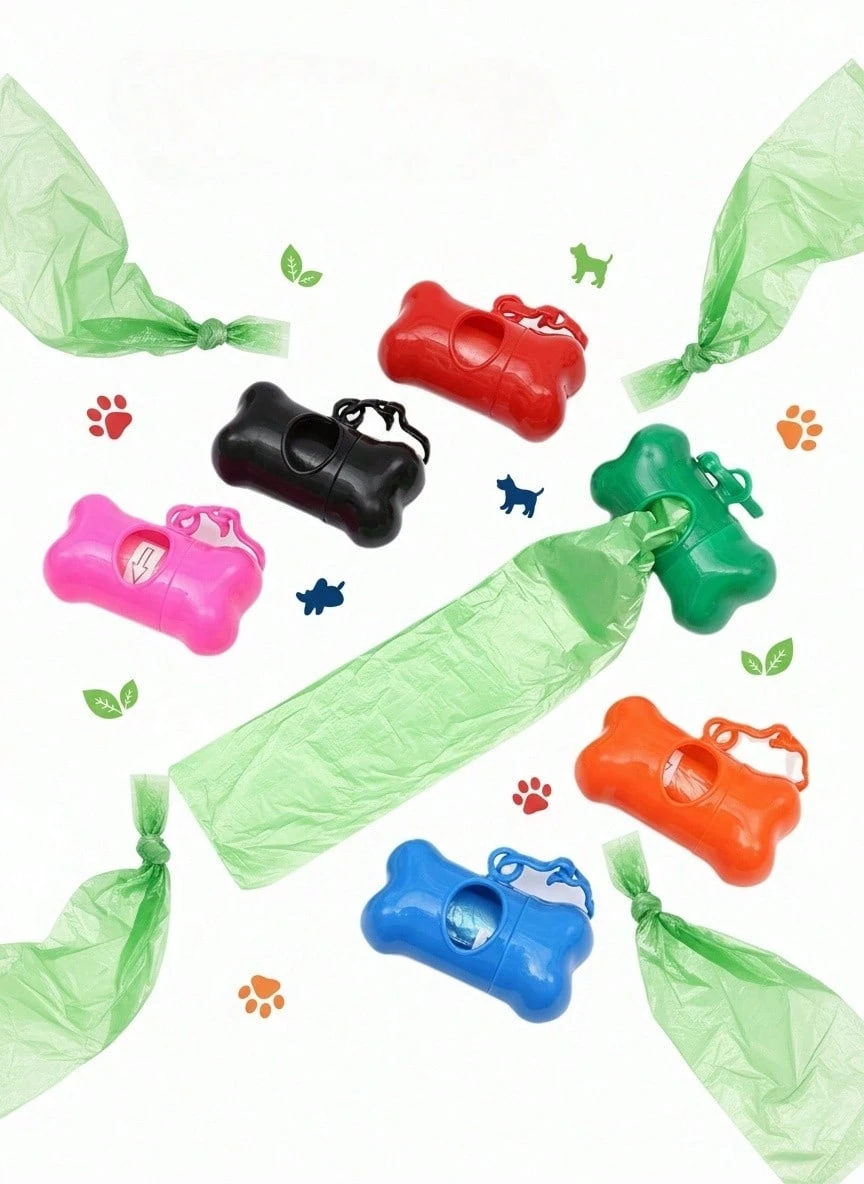 PETSIN Pet Garbage Bag Storage (Solid Color Bone Shape) And 5 Packs Disposable Feces Bag Dog Excrement Collection Bag Dispenser - Multicolor - View 1