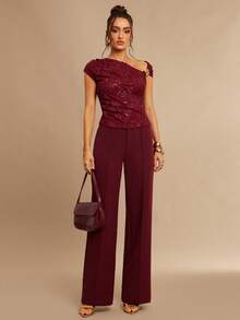 Silquee Celana Panjang Wanita Warna Burgundy Pinggang Tinggi Model Lurus, Celana Panjang Longgar Bergaris-garis Polos Elegan Musim Gugur untuk Makan Malam, Perjalanan, dan Acara Pernikahan - Burgundy - View 3