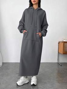 SHEIN EZwear 灰色休闲连帽长款卫衣，适合秋冬季节穿着，可搭配灰色连衣裙、女士连帽连衣裙、宽松连衣裙、卫衣连衣裙等。 - 深灰色 - 查看 5