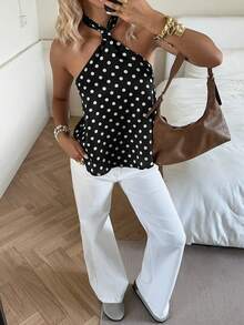SHEIN EZwear Women's Fashionable Sexy Polka Dot Backless Halter Neck Top - Black and White - View 6