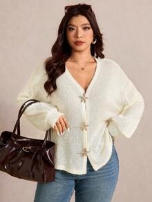 Elaquor Plus Size Minimalist All-Match Versatile Metal Buckle Knit Sweater For Women - Beige - View 1