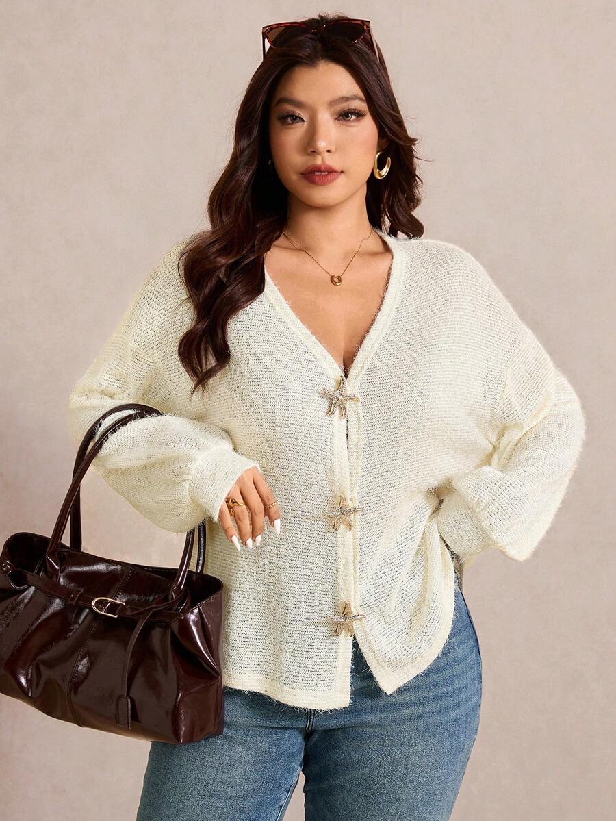 Elaquor Plus Size Minimalist All-Match Versatile Metal Buckle Knit Sweater For Women - Beige - View 1