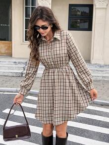 Serisse Women's Plaid Long Sleeve Shirt Dress,Retro Vintage Brown And White Polka Dot Autumn Back-To-School Checkered Button Half Placket Casual Dress,School - Brown - View 3