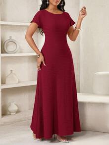 SHEIN Lady Váy dài nữ mùa hè thiết kế cao cấp vải dệt kim jacquard họa tiết thiết kế ngách eo thanh lịch - Màu Đỏ Sâu - Xem 5
