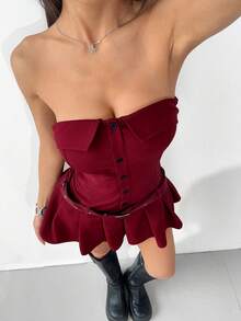 SHEIN EZwear 女士酒红色无肩带极简抹胸连衣裙，适合夏季穿着 - 酒紅色 - 查看 5